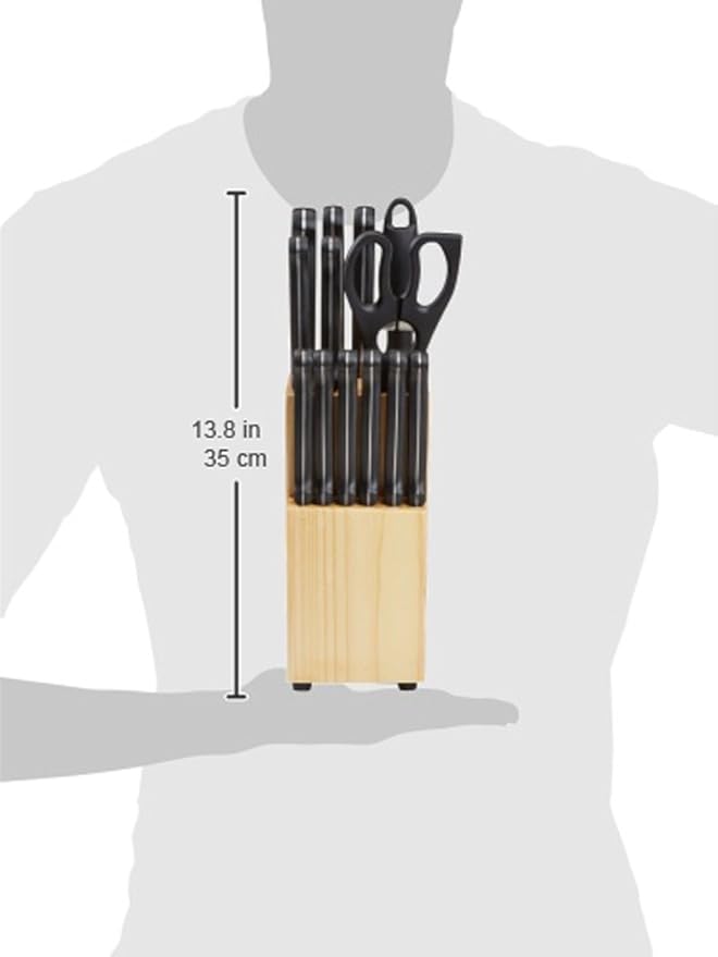 Amazon Basics 14-Piece High Carbon Stainless Steel Kitchen Knife Set with Sharpener and Pinewood Block, Black