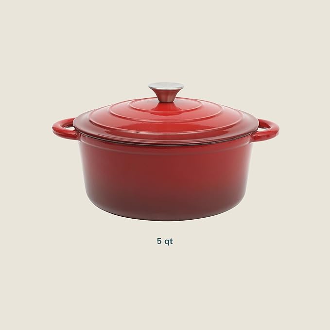 Gibson Home Addlestone 5 Quart Round Enamel Cast Iron Dutch Oven Pot With Lid & Dual Handles - Gradient Red