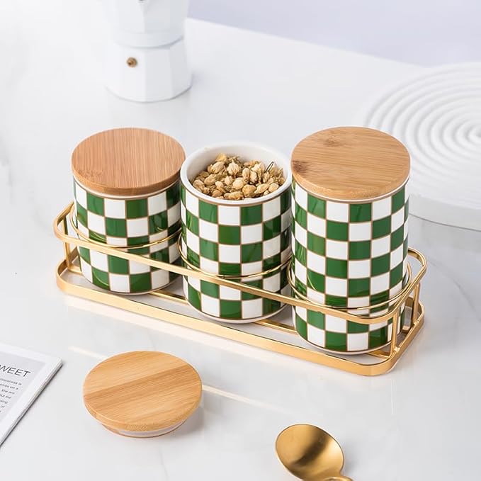 Kitchen countertop ceramic grid pattern airtight jar set - a set of 3 kitchen jars with layered shelves, sealed countertop flour and sugar containers, coffee and tea storage (Green)