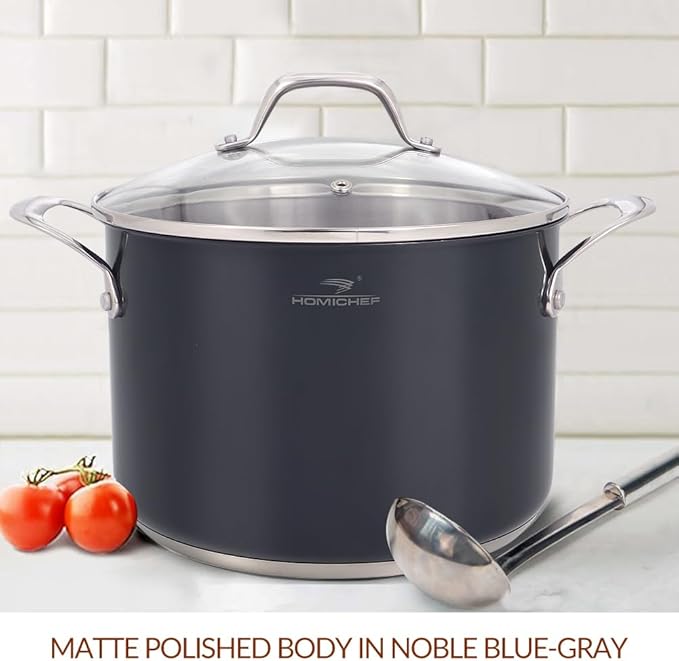 HOMI CHEF Navy Gray NICKEL FREE Stainless Steel 7 Quart Stock Pot with Glass Lid (Non Coating, 9.5 Inch) - No Toxic 7 qt Stockpot With Lid
