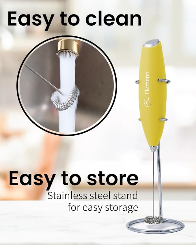 Elementi Milk Frother Handheld - Electric Coffee Mixer for Lattes, Cappuccinos and Cold Foam - Compact Drink Frother Wand for Barista-Style Beverages - Yellow