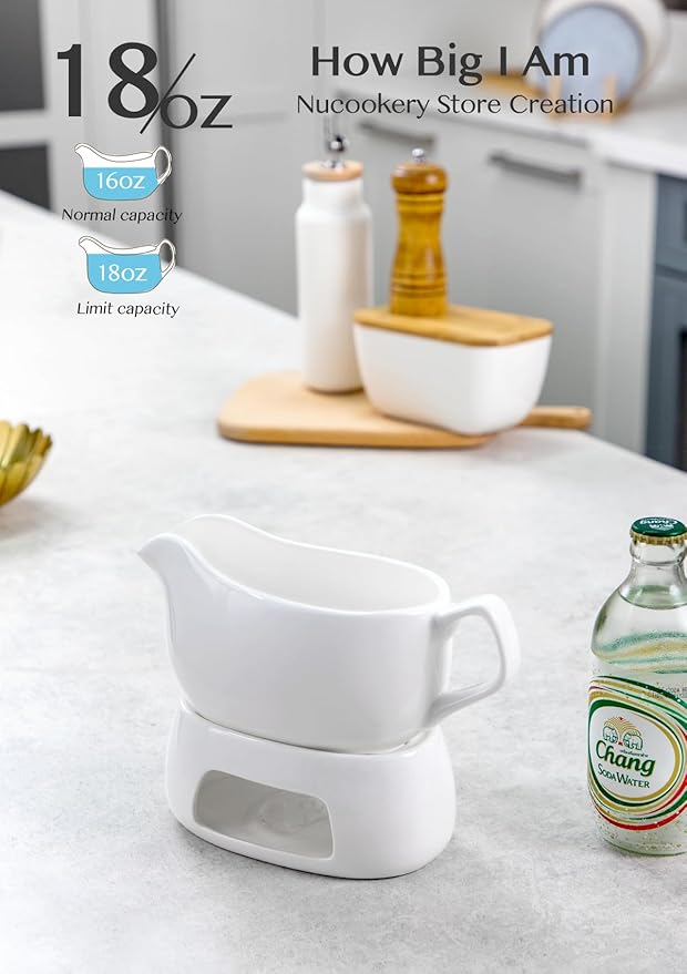 Nucookery Large 18 Oz Gravy Boat with Warmer, White Fine Porcelain Saucier with Big Dripless Lip Spout, Gravy Bowl For Thanksgiving, Warming Sauces, Salad Dressings, Microwave & Freezer Safe(Modern)