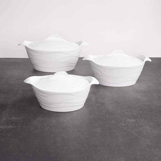 8" x 6" Ceramic Casserole Dish with Lids 31 Oz White French Soup Tureen Bakeware Set with Handle - 10 IN, Chip and Crack Resistant Baking Dish, Microwave, Dishwasher, Oven, Fridge Safe