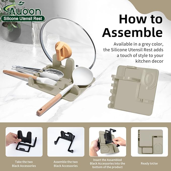 AUOON Spoon Holder for Stove - Silicone Spoon and Lid Rest with Drip Pad Kitchen Utensil Rest for Spoons, Ladles, Spatulas, Tongs & More (Milk Shake, Large)