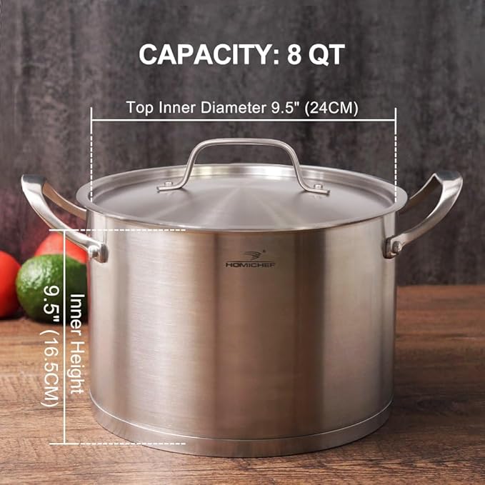 HOMI CHEF HEAVY ECOLOGICAL NICKEL FREE Stainless Steel Stock Pot 8QT with Lid (No Toxic Non Stick Coating, 5.1LBS) - Induction Pot 8 Quart Matte Polished Cooking Pot