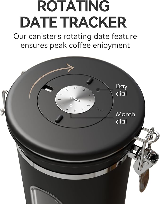 Veken Coffee Canister with Window, Airtight Stainless Steel Kitchen Food Storage Container with Date Tracker and Scoop for Grounds Coffee, Beans, Tea, Flour, Cereal, Sugar, 38&16OZ,Black