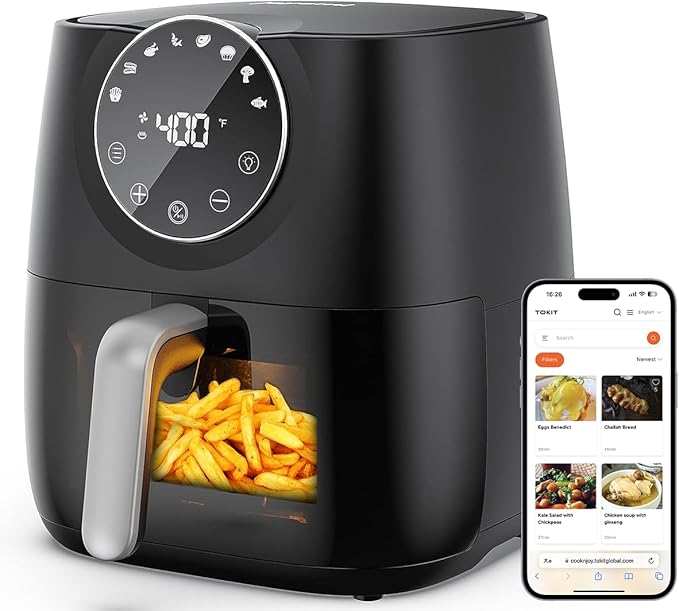 JOYAMI Air Fryer 6 QT, Air Fryer with Window, Online Recipes, 8 Cooking Functions for Air Fry, Bake, Roast, Broil & More, Nonstick Basket Dishwasher Safe, 1700W, Black