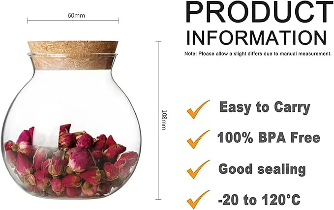 Snminetal 17oz Glass Jar Storage Containers,Wedding Candy Jar Kitchen Canisters, With Cork Airtight Lid, Perfect For Tea, Biscuits, Cereals, Flour, beans, Spices, Coffee Beans (2PCS)