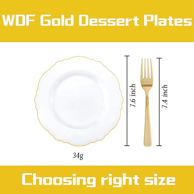 WDF 60pcs Gold Dessert Plates-7.5inch Baroque White and Gold Small Plastic Plates/Disposable Dessert/Salad/Cake/Appetizer Plastic Plate for Upscale Thanksgiving Parties/Wedding/Birthday