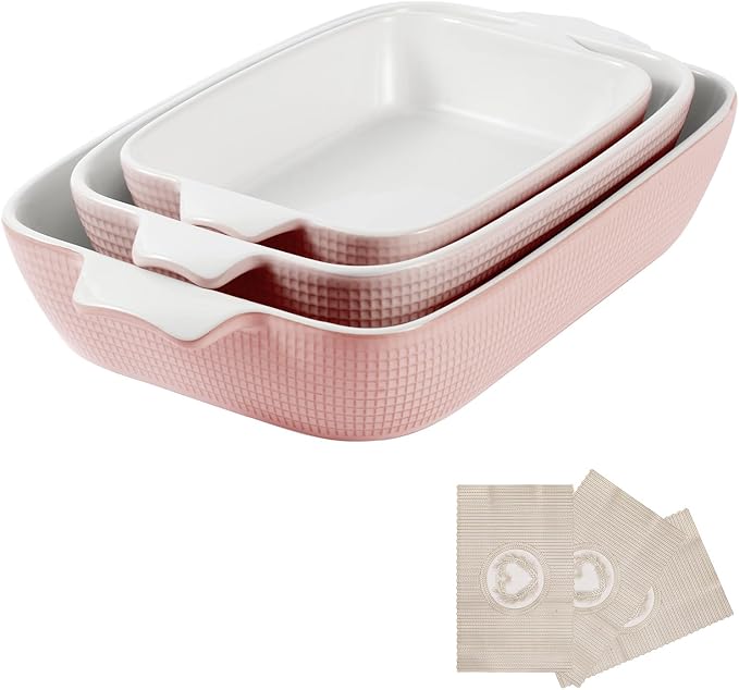Bakeware Casserole Oven Dishes Baking - 3pcs Ceramic Rectangular Oven Serving Sets,(10.3/12.4/14.7)Stoneware Cookware Pan, Porcelain White Thanksgiving Ware for Cooking Lasagna (Pink)