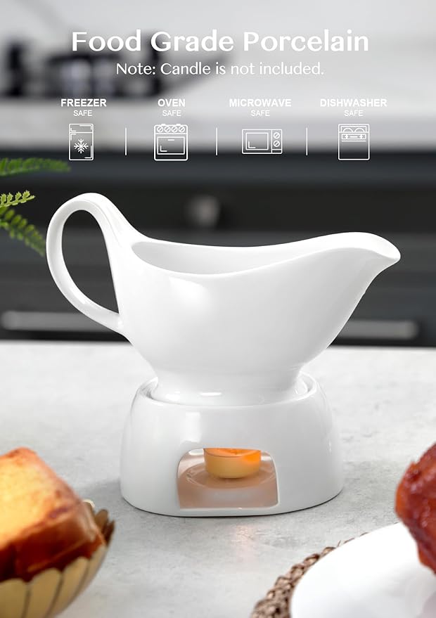 Nucookery Classic 17 Oz Gravy Boat with Warmer, White Fine Porcelain Saucier With Big Dripless Lip Spout, Bowl For Thanksgiving, Warming Sauces, Salad Dressings, Microwave & Freezer Safe(Set of 2)