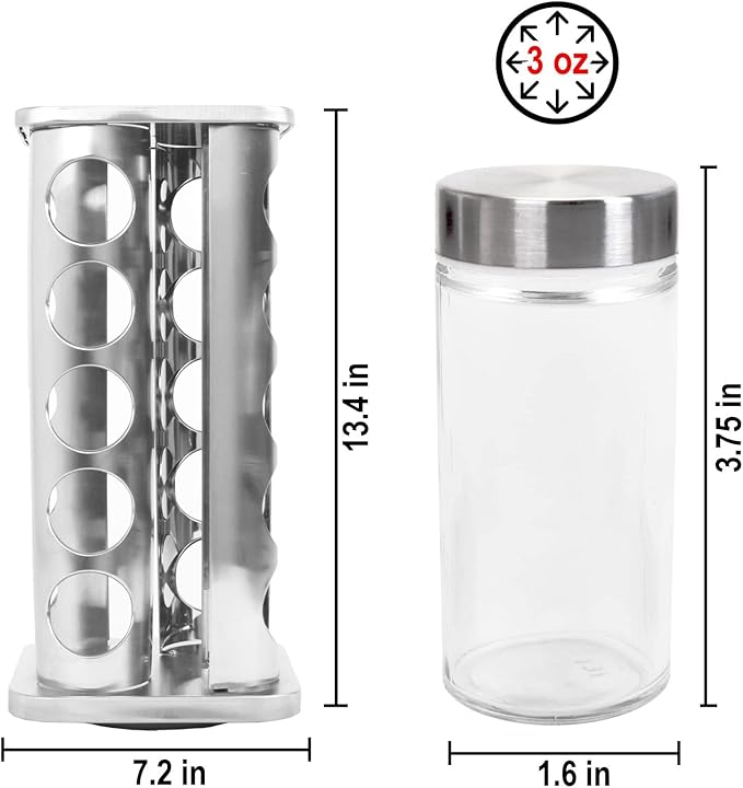 Orii 20 Jar Stainless Steel Rotating Spice Rack - No Spices - Stainless Steel Lids and Glass Jars
