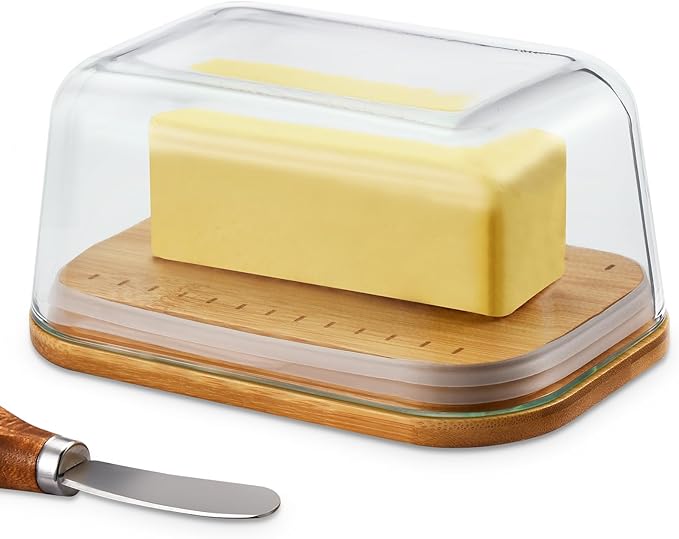 Glass Butter Dish With Sealed Lid - Large Tray for Refrigerator and Outdoor Use - Dishwasher Safe