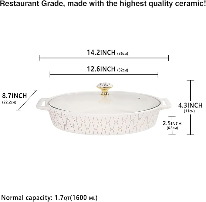 12" x 8" Ceramic Oval Casserole Dish with Glass Lid, 1.7 QT Serving Soup Tureen,Chafing Dish for Buffet, Family Food preserve Tray, Catering Casserole for Party Style