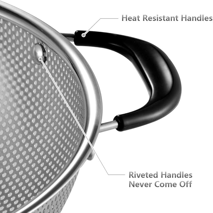 Tiawudi 18/8 Stainless Steel Colander, Easy Grip Micro-Perforated 5-Quart Colander, Strainer with Riveted and Heat Resistant Handles, BPA Free. Great for Pasta, Noodles, Vegetables and Fruits