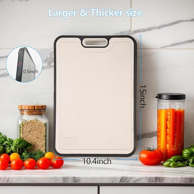 Titanium Cutting Boards for Kitchen – Dual-Sided Solid Titanium & Wheat Straw PP, Large Food-Safe Cutting Board with Juice Groove & Garlic Grinder for Meat, Veggies, Commercial or Home Use, 15”×11”