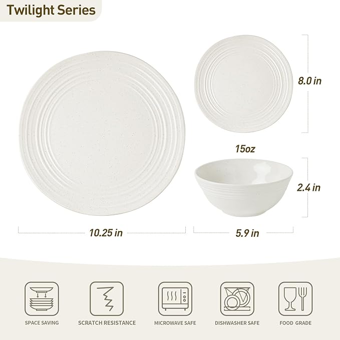 Famiware Plates and Bowls Sets 12-Piece Stoneware Dinnerware Sets, Dishes Set for 4, Speckled Hand-made Reactive Glaze Dish Set, Twilight Series, White