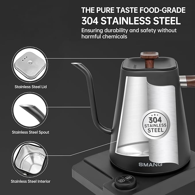 Electric Kettles, Gooseneck Electric Kettle, ±1℉ Temperature Control, for Pour Over Coffee and Tea, 304 Stainless Steel Inner, BPA-Free, Quick Heating Electric Kettles for Boiling Water, 1L Black