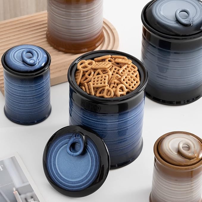 Nihow Food Storage Jar Sets: Ceramic Container with Air Tight Lid for Flour/Sugar/Rice/Coffee/Cookies/Candy - Seal Damp-proof Canister for The Kitchen Counter - Set of 4 (Blue & Black)