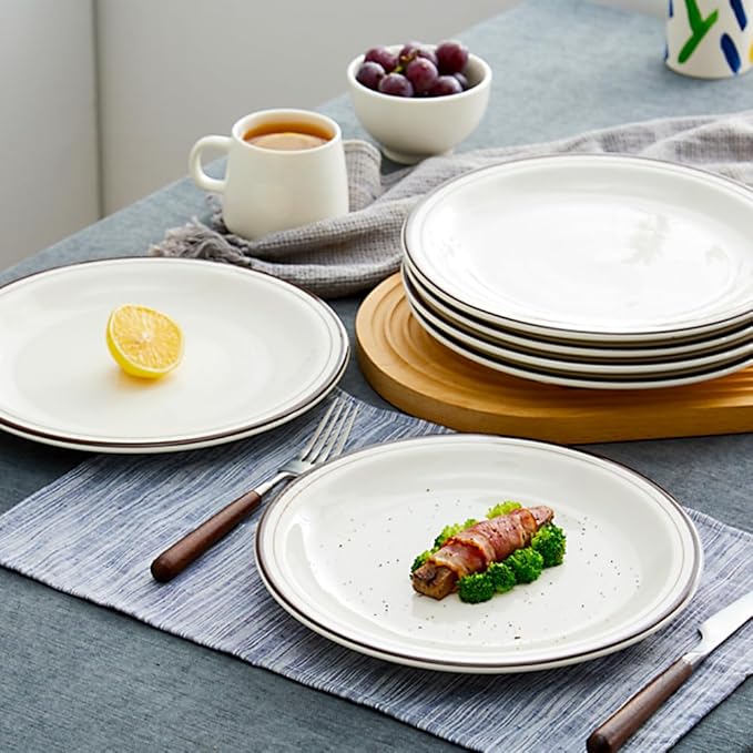 10.5-inch Porcelain Dinner Plate Set of 6 - Microwave, Oven and Dishwasher Safe, Scratch Resistant. (Classic Brown)
