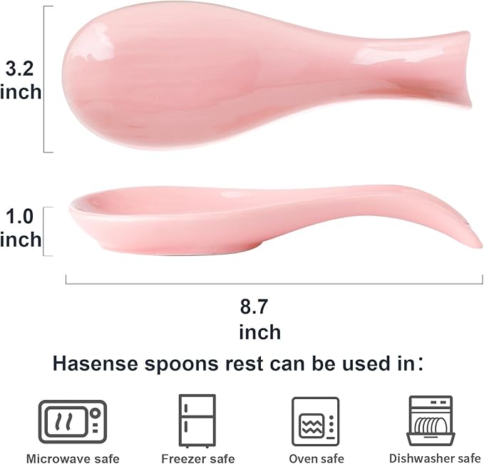Hasense Spoon Rest for Stove Top, Large Ceramic Spoon Holder for Kitchen Counter, Cooking Utensil Rest for Spatula Ladle Spoon and Tong, Kitchen Spoon Rest for Home and Coffee Bar Accessories, Pink