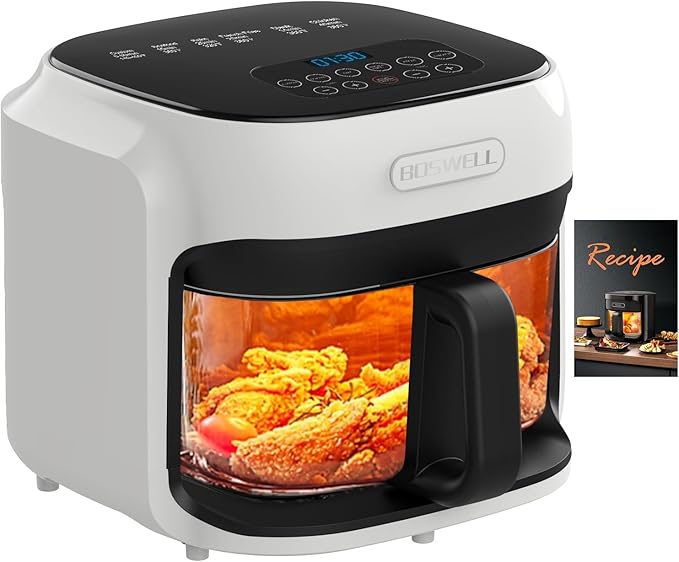 BOSWELL Glass Air Fryer, 7.5QT with Transparent Fry Bowl, Circulating Heating, Temperature Control, Stainless Steel Air Fryer Roast, Dishwasher Safe (white)