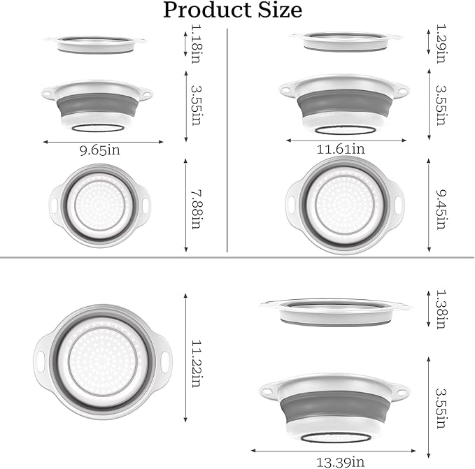 Collapsible Colander 3-Pack Set Space-Saving Foldable Kitchen Strainer with Non-Slip Base Durable Thickened PP+TPE Collapsible Strainers for Pasta, Vegetables, Fruits (Gray-White)