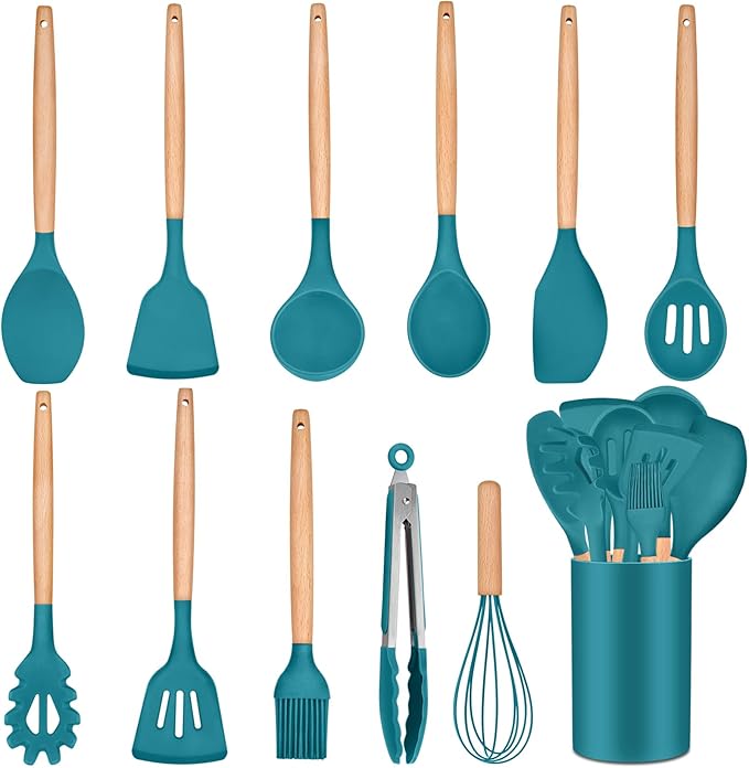 P&P CHEF Silicone Cooking Utensils Set, 12PCS Kitchen Utensils Set with Wooden Handle for Nonstick Cookware, Ladle, Spoon, Spatula, Tong, Heat-resistant & Non-scratch, Non Smell & Healthy, Blue