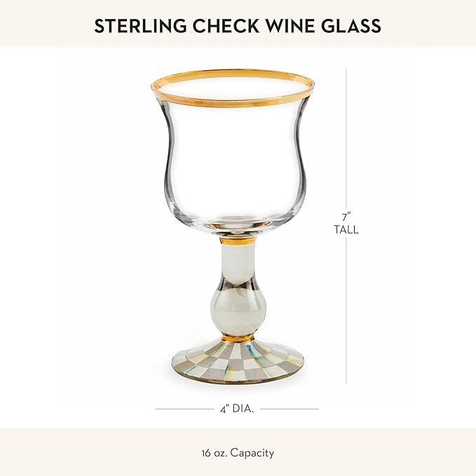 MACKENZIE-CHILDS Stemmed Wine Glass, Decorative Wine Glassware, 16 Ounces, Gray-and-White Sterling Check