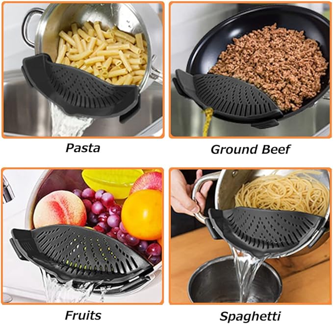 YEVIOR Clip on Strainer for Pots Pan Pasta, Silicone Food Strainer Hands-Free Pan Strainer, Clip-on Kitchen Food Strainer for Spaghetti, Pasta, Ground Beef Fits All Bowls and Pots (Black)