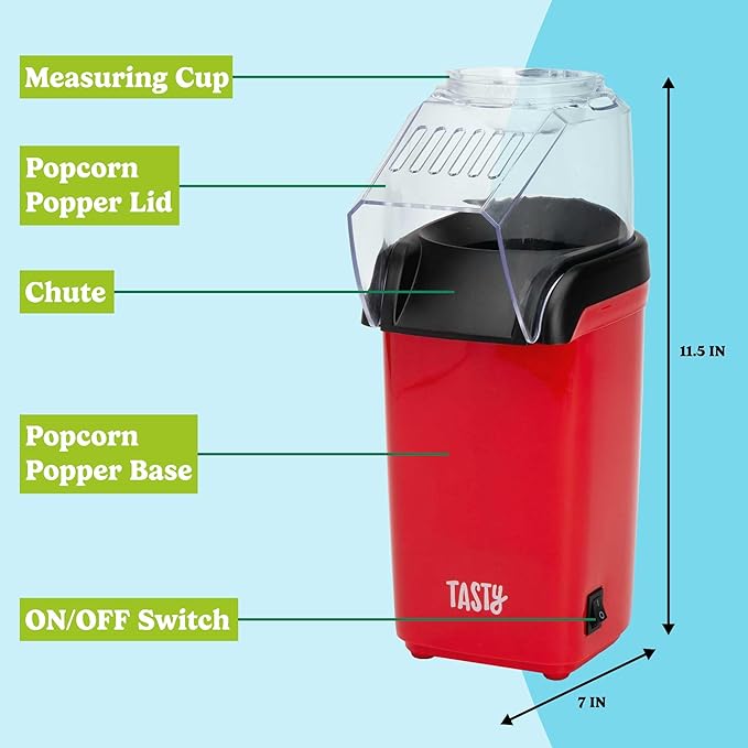 Tasty Hot Air Popcorn Popper, Healthy and Delicious Popcorn in Minutes, Fast and Easy-to-Use, Built-In Measuring Cup and Butter Warmer, 8 Cups, Red
