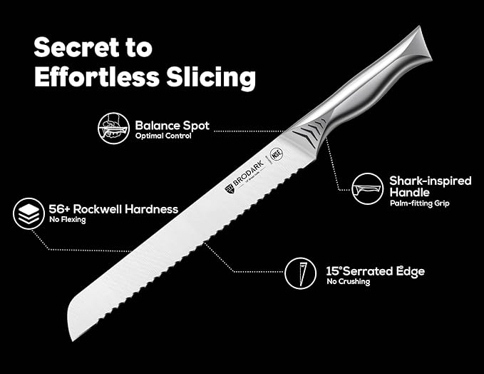 BRODARK Bread Knife - 10" Serrated Knife for Homemade Bread Sourdough - High Carbon Stainless Steel, One Piece Design, Sharp Serrated Edge for Even & Straight Slicing - NSF Certified, Shark Series
