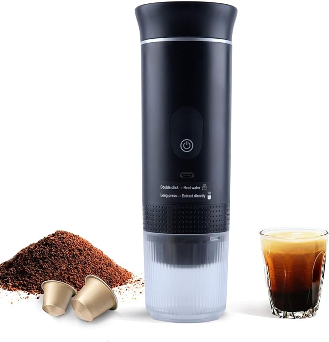 Portable Coffee Maker Espresso Travel Machine – Self-Heating Electric Espresso Maker, Compatible with Ground Coffee, Ideal for Travel, Camping, Office