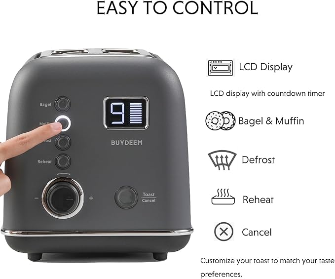 BUYDEEM DT730 Motorized Toaster, 2-Slice Smart Digital Leverless Toaster with LCD Countdown Timer, 9-Shade Settings for Toast, Bagels, Waffles, Muffins