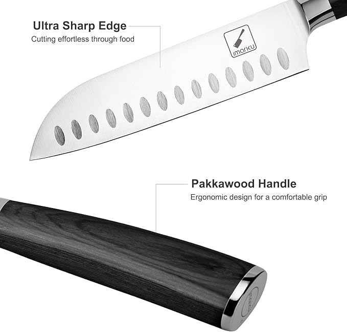 imarku Santoku Knife 7 inch Kitchen Knife Ultra Sharp Asian Knife Japanese Chef Knife, German HC Stainless Steel 7Cr17Mov, Ergonomic Pakkawood Handle, Gifts for Women/Men, Black