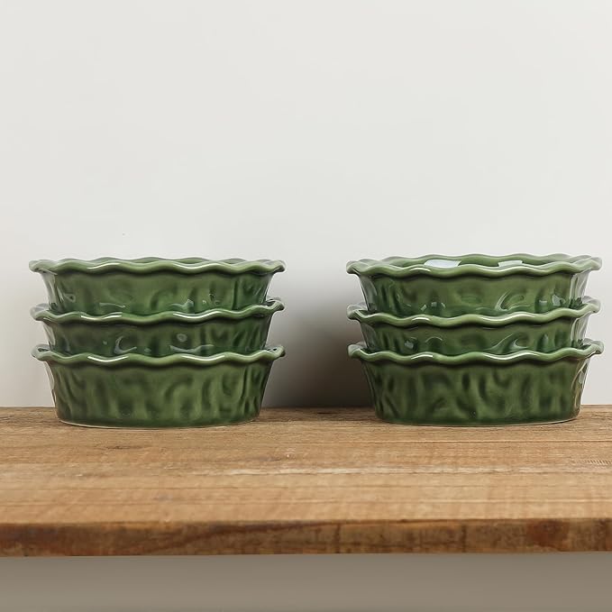 Vicrays Ceramic Pie Pan for Baking - 5.5 inch Small Pie Plates Deep Dish Round Pot Casserole Mini Serving Bowl, Microwave Oven Safe for Dessert Apple Pie Cake Tart Pizza, Set of 6 - Green