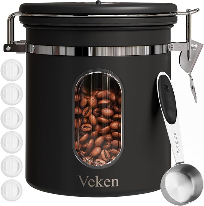 Veken Coffee Canister with Window, Airtight Stainless Steel Kitchen Food Storage Container with Date Tracker and Scoop for Grounds Coffee, Beans, Tea, Flour, Cereal, Sugar, 38&16OZ,Black