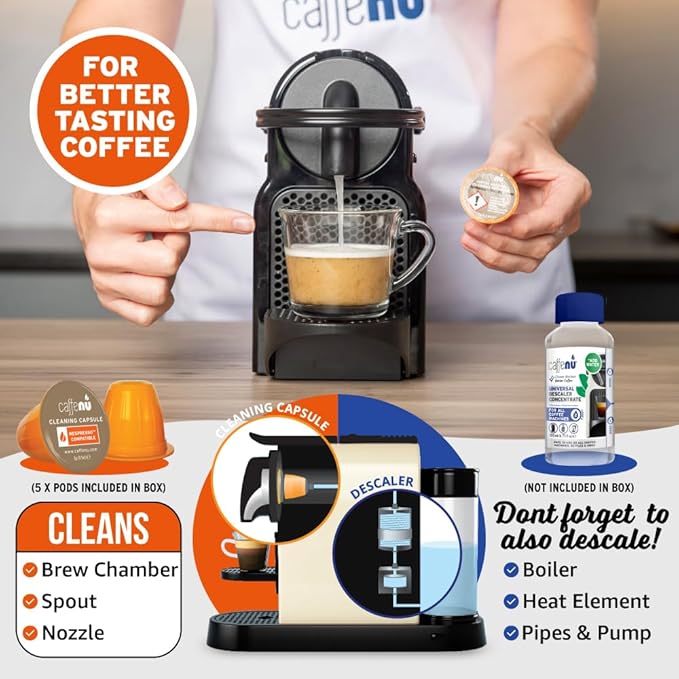 Nespresso Compatible Cleaning Pods. 5 Cleaner Capsules. Improved Coffee Flavor. For Nespresso Originaline, Use with Descaling Kit.