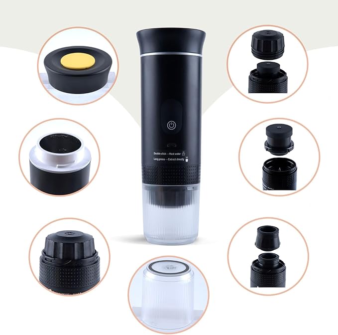 Portable Coffee Maker Espresso Travel Machine – Self-Heating Electric Espresso Maker, Compatible with Ground Coffee, Ideal for Travel, Camping, Office
