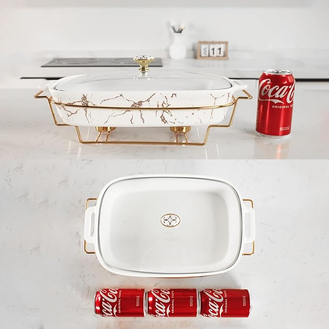 13" x 9" Ceramic Casserole Dish with Glass Lid and rack, 2.2 Quart Serving Soup Tureen,Chafing Dish for Buffet, Family Food preserve Tray, Catering Casserole for Party Style