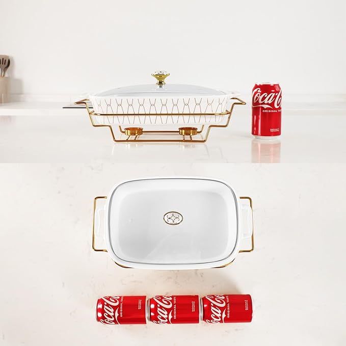 11" x 8" Ceramic Casserole Dish with Glass Lid and Rack, 50 ounce Serving Soup Tureen,Chafing Dish for Buffet, Family Food preserve Tray, Catering Casserole for Party Style, White