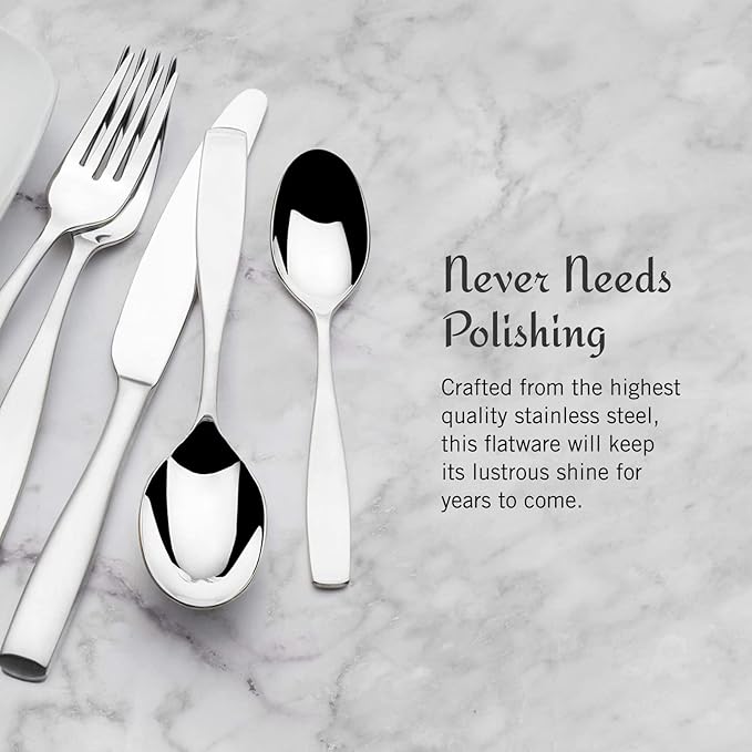 Mikasa Satin Loft 65-Piece Flatware Set for 12, 18/10 Stainless Steel Silverware with Forks, Knives, Spoons, and Serving Utensils, Durable and Elegant Design
