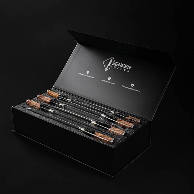 SENKEN 7-Piece Damascus Kitchen Knife Set - Tsunami Collection - 67-Layer Japanese VG10 Steel - Chef's Knife, Cleaver, Santoku, Bread, Boning, & More (Black Resin Blend)