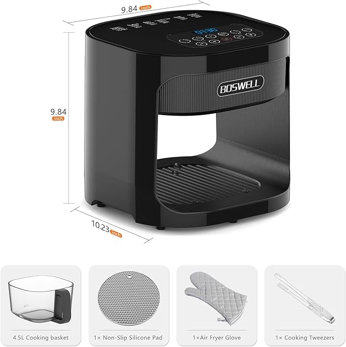 BOSWELL Glass Air Fryer, 4.5QT Transparent Fry Bowl, Circulating Heating, Non Toxic, Large Capacity Air Fryer Roast, Temperature Control Dishwasher Safe (Black)