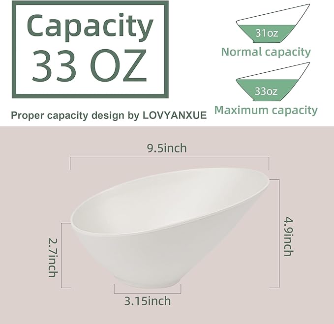 Salad Bowls, 4 Packs Serving Bowl, Compostable 33 Ounce Pasta Bowls, Elegant White Angled Bowl for Salad, Pasta, Soup, Prep, Ideal for Home and Restaurant