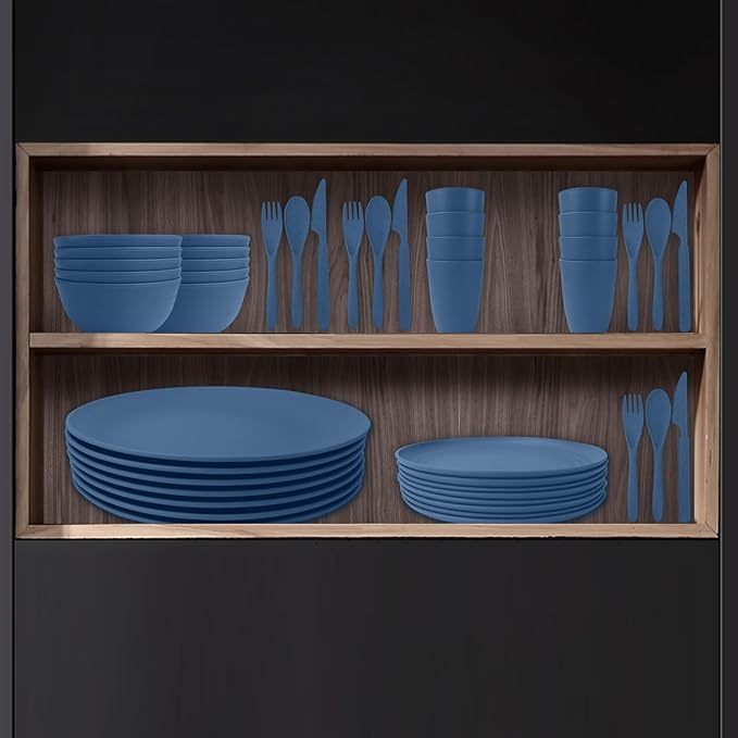 64-Piece Service for 8 Dinnerware Set - Unbreakable Wheat Straw Dinnerware sets of 64 - Dinner plates/Snack plates/Cereal bowls/Drinking Cups/Cutlery for Outdoor camping and indoors.Blue