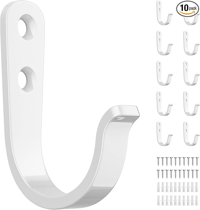 10Pcs Wall Hooks for Bathroom, Kitchen, Closet, and Garage - White Metal Hooks for Hanging Coats, Towels, Hats, Keys, Bags, and Coffee Cups - Holds Up to 40 lbs
