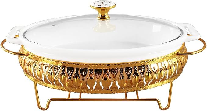 11" x 7" Ceramic Oval Casserole Dish with Glass Lid and Gold rack, 1.3 Quart White Serving Soup Tureen,Chafing Dish for Buffet, Family Food preserve Tray, Catering Casserole for Party Style