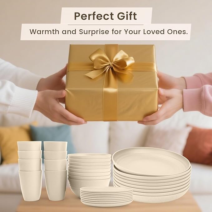 Homienly 32 PCS KItchen Wheat Straw Dinnerware Sets for 8, Reusable Plates and Bowls Sets, Dishes Set for 8, Alternative to Plastic Dish Set for Camping, PIcnic, Microwave and Dishwasher Safe - Beige