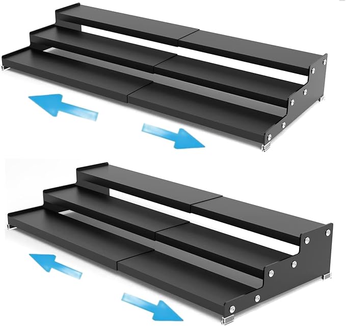 Expandable Spice Rack Storge organizer with 3-Tier step shelf for cabinet,seasoning racks organizion.Great for Kitchen countertop shelves,Pantry and more(2packs/Black)
